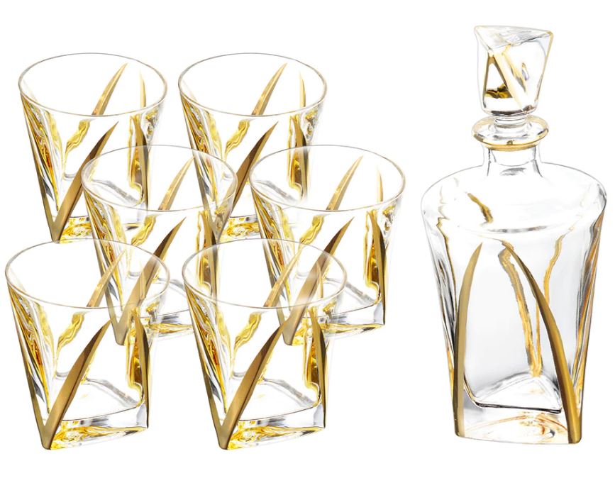 BT Shalom : Crystal Decanter with 6 Kiddush Cups- Geometric Design (Price Excludes VAT) - Retail O