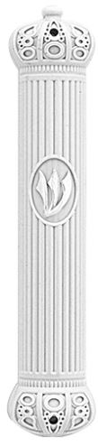 Art Judaica: Mezuzah Case Plastic White With Rubber Cork Silver Shin 15 Cm