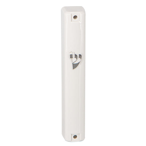 Art Judaica: Mezuzah Case Plastic White With Rubber Cork Silver Shin 15 Cm