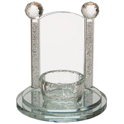 Art Judaica:Yahrzeit Candle Holder- Clear Crystal-Silver Colour Stones
