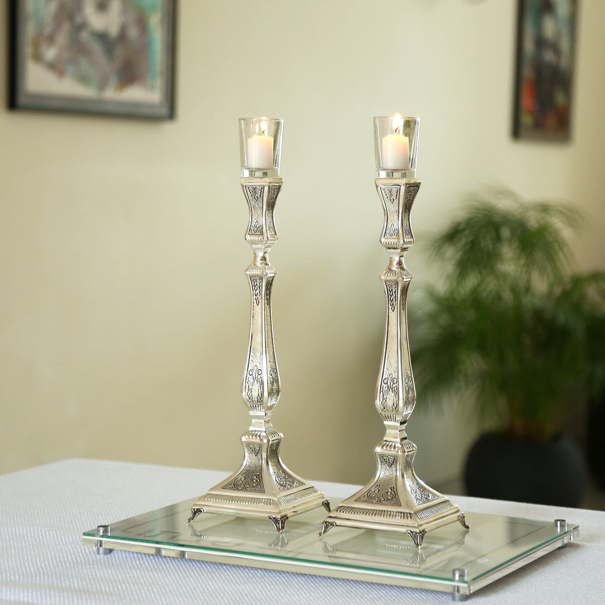 Haddad Bros : Candlesticks - Silver Dipped - Traditional Design - 35cm