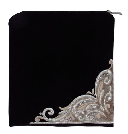 Tefilin Bag Bar Mitzva Size - Velvet - Blue With Floral Design