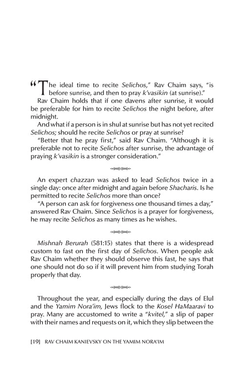 Rav Chaim Kanievsky on the Yamim Noraim