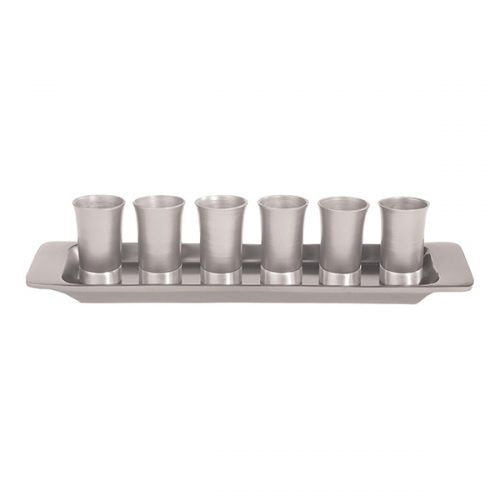 Yair Emanuel:Set of 6 Small Kiddush Cups with Tray- Anodized Aluminium-Silver