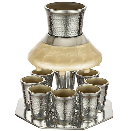 Art Judaica:Kiddush Wine Fountain Set-Hammered Aluminium-Pearl Fountain