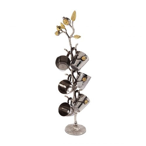 Yair Emanuel:Set of 6 Small Kiddush Cups-Hammered Metal with Pomegranate Stand