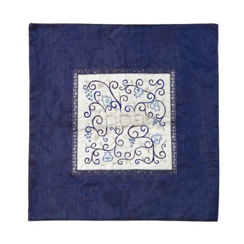 Yair Emanuel:Matzah Cover - Embroidered -Pomegranate Motif-White on Blue