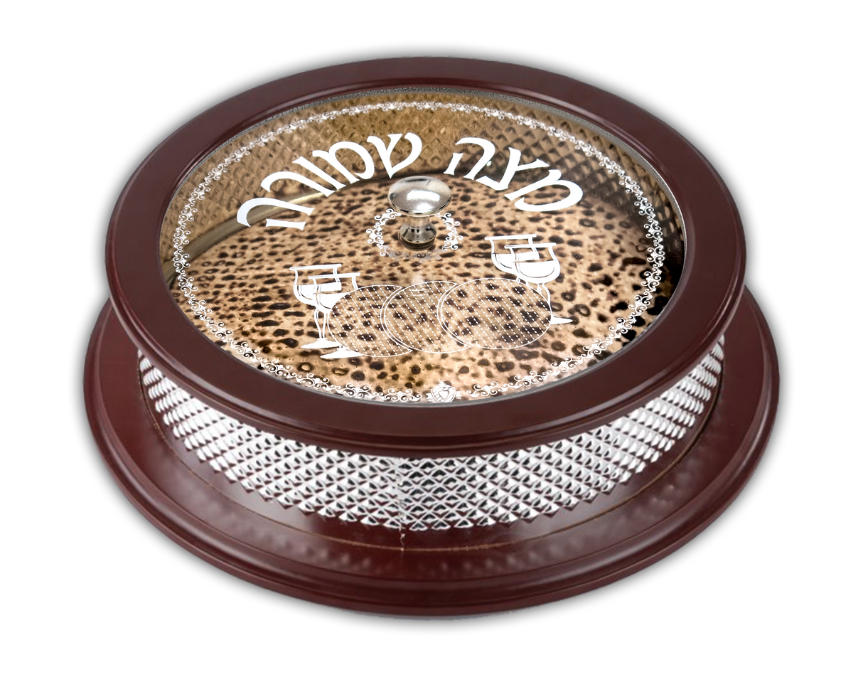 Matzah Holder- Wood And Silver Plated-Shemurah Matzah Motif-37x13 cms