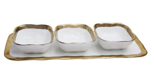 3 Bowl White Porcelain Dip Dish with Gold Design