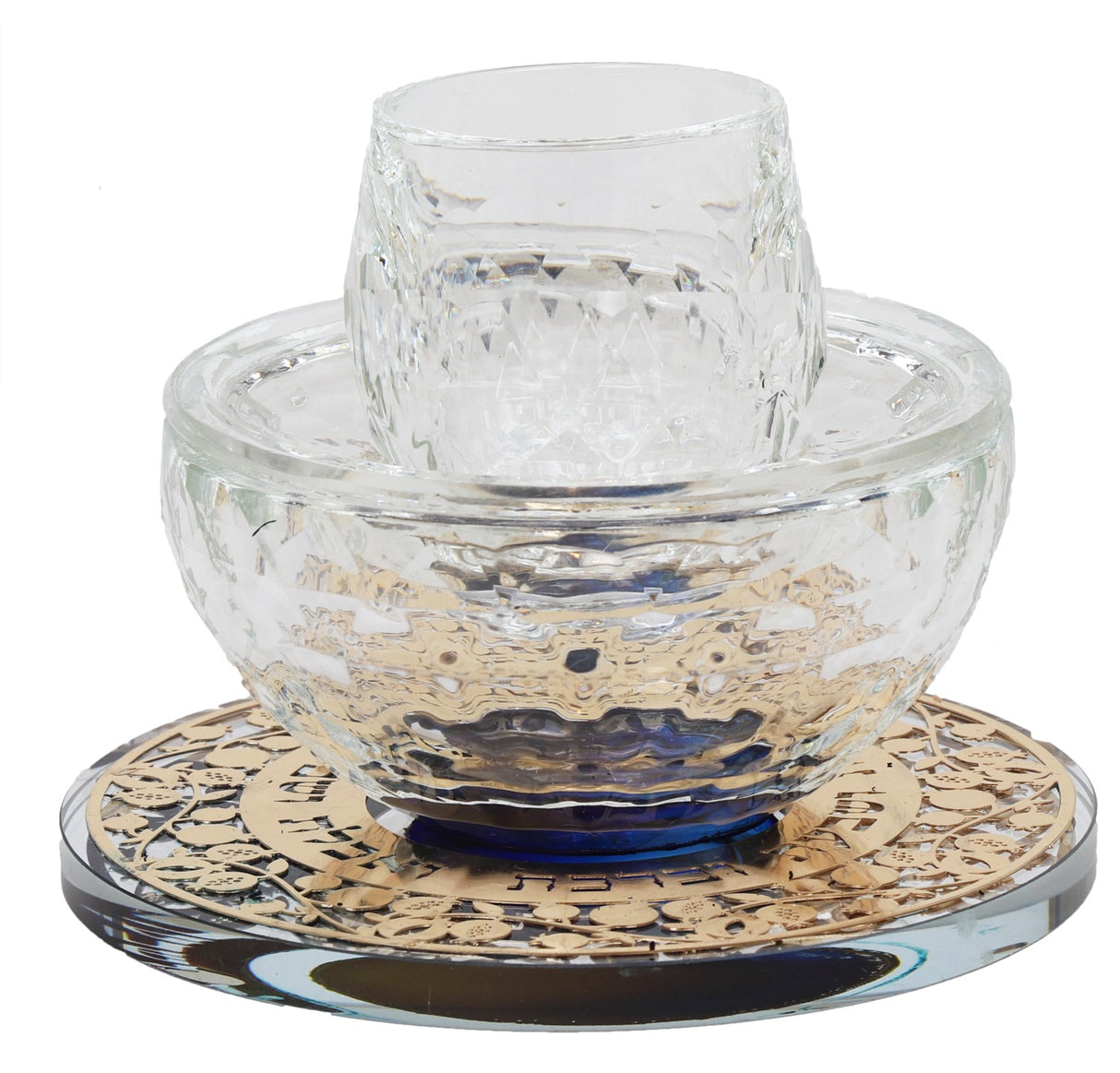 Mayim Achronim Crystal With Gold pomegranate Design Blue Tray