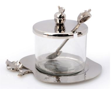 Honey Dish With Apple Shaped Tray -Glass and Hammered Stainless Steel-with Spoon