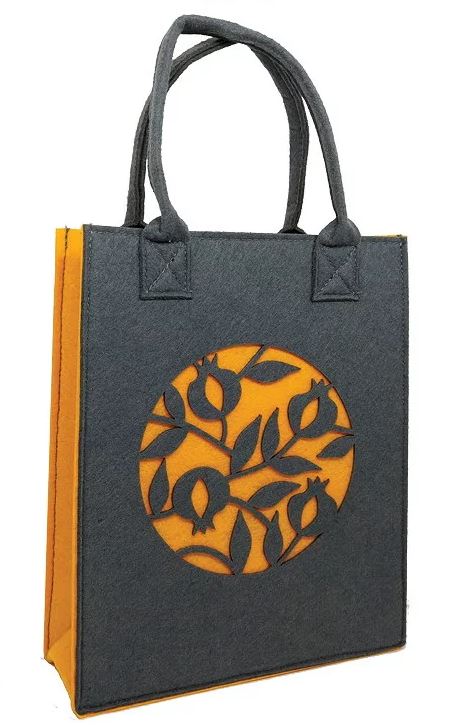 Dorit Judaica: Ladies and Girls Felt Tote Bag-Yellow/Mustard-Pomegranate Pattern
