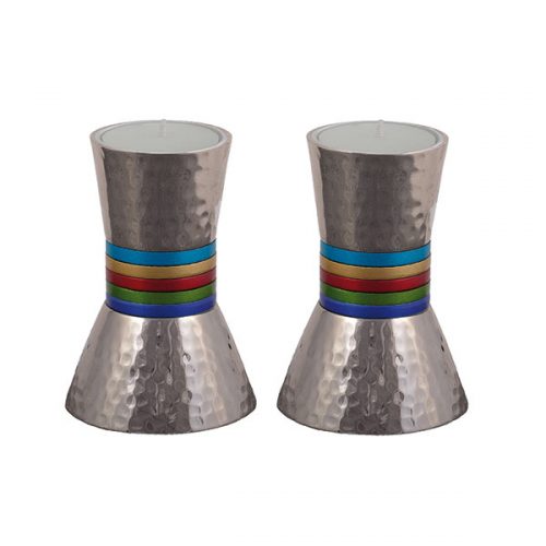 Yair Emanuel: Candlesticks - Small-Hammered Metal with Multicoloured Rings 13 cm