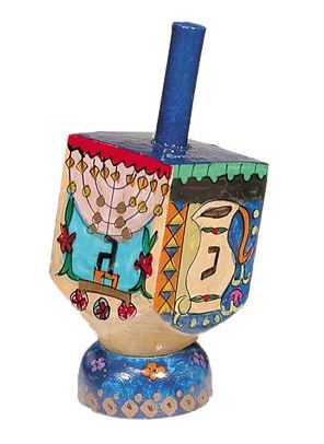 Yair Emanuel: Dreidel with Stand -Wood-Chanukah Images- Small