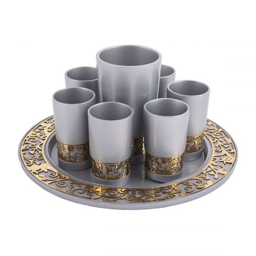 Yair Emanuel: Kiddush Set-Brushed Aluminium-Silver Colour-Decorated with Metal Pomegranate Cutout o