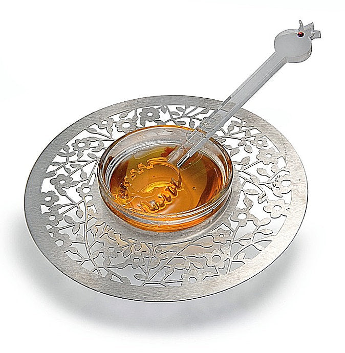 Dorit Judaica:Honey Dish -Stainless Steel & Glass-Cut Out Floral Design