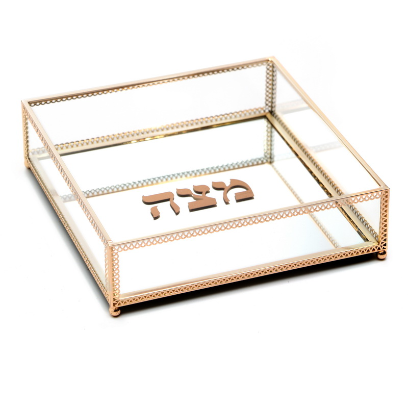 Matzah Holder- Square -Glass with Gold Trim-20x20 cms