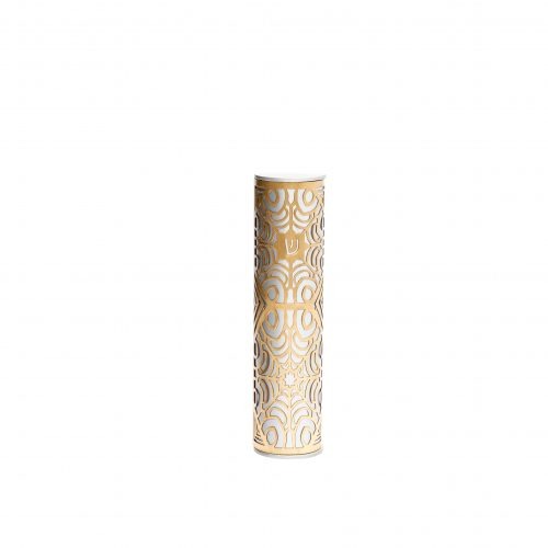 Yair Emanuel:Mezuzah Case- Semi-Circle-Stainless Steel overlaid with Gold Pomegranate Cutout 10cm