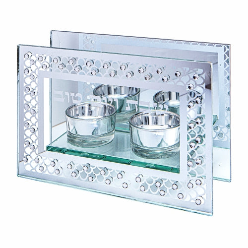 Art Judaica: Candlesticks - Glass-Framed with Diamond Design 12cm