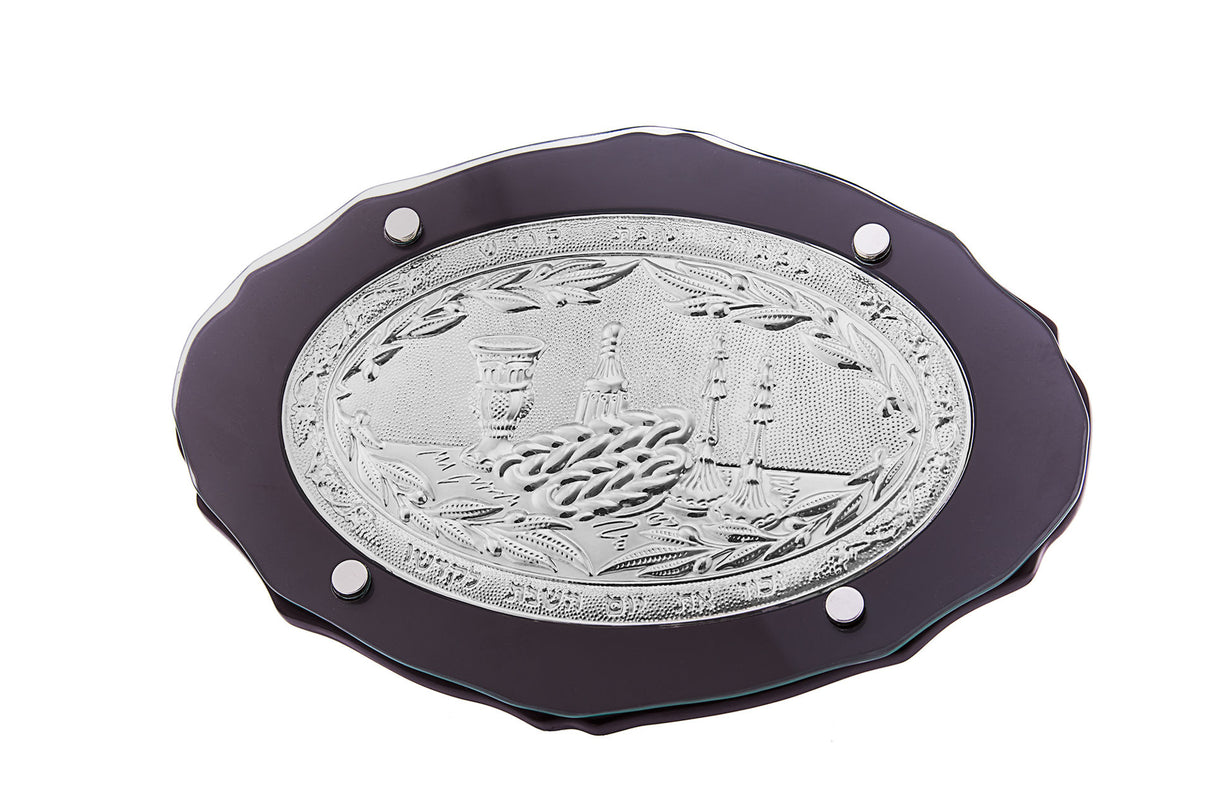 Challah Board-Oval-Dark Wood With Silver Coloured Metal Shabbat Images