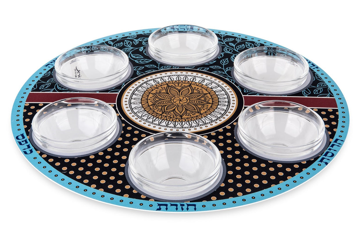 Dorit Judaica:Seder Plate-Circular Geometric Pattern-Leaf and Dot Design