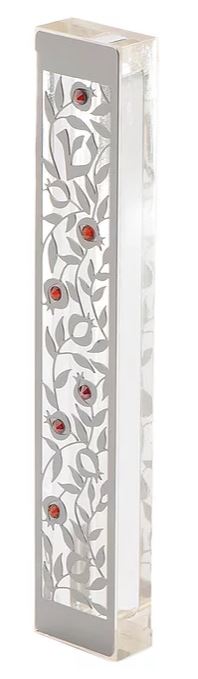 Dorit Judaica:Mezuzah Case-Acrylic and Steel-Pomegranate Cutout Design 15cm