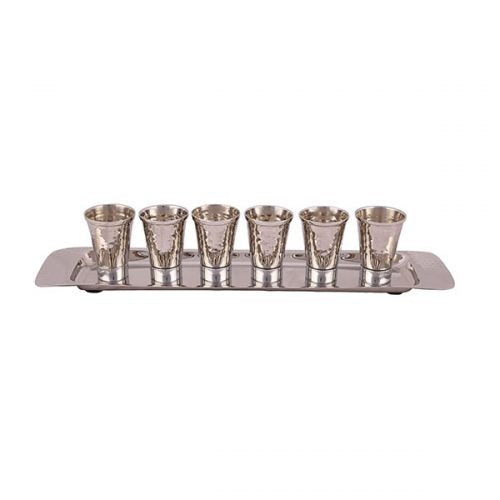 Yair Emanuel:Set of 6 Small Kiddush Cups with Tray -Hammered Nickel-Silver
