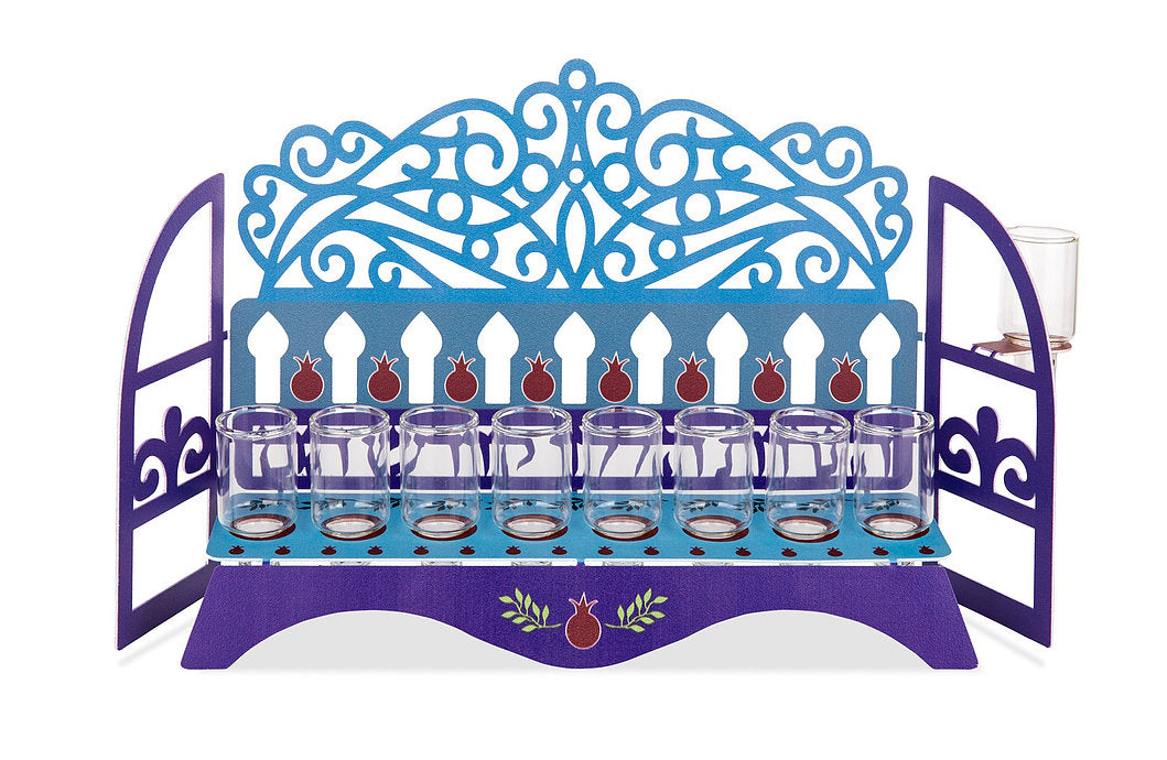 Dorit Judaica: Menorah- Metal- Oriental & Pomegranates Design