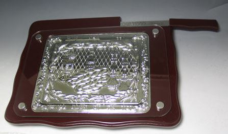 Challah Board & Knife - Dark Wood With Silver Coloured Metal Shabbat Images