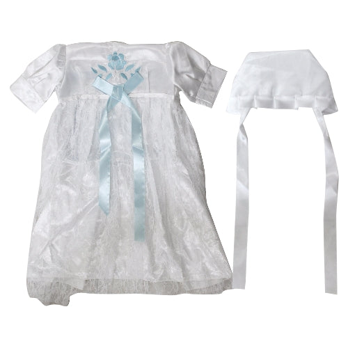 Art Judaica:Brit Milah Outfit With A Hat - Satin -Blue Ribbon- White Embroidery (