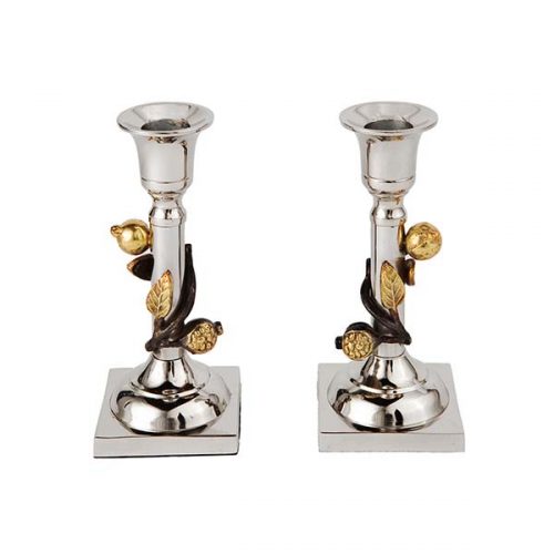 Yair Emanuel: Candlesticks -Stainless Steel embellished with Pomegranate Decoration 7cm
