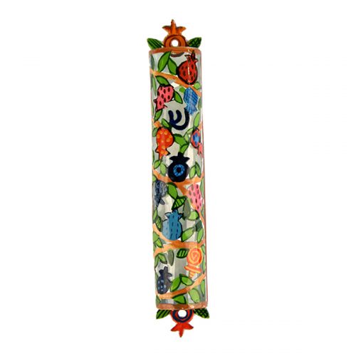Yair Emanuel:Mezuzah Case- Hand Painted Laser Cut with Pomegranate Design 12cm