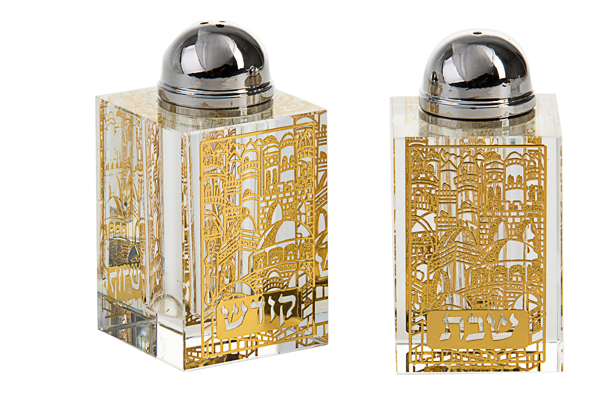Salt and Pepper Shakers-Crystal- Jerusalem Design -Gold