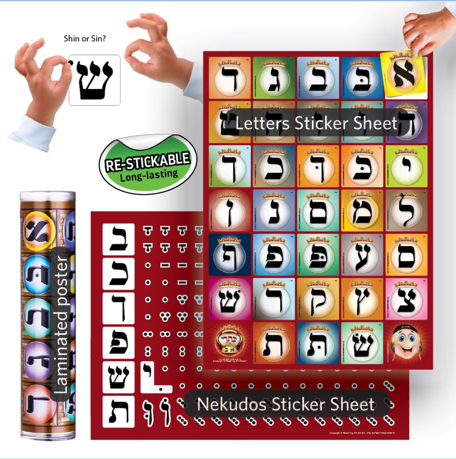Kisrei Alef Bais Small Laminated Wall Poster & 2 Vinyl Reusable Sticker Sheets