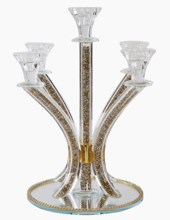 Candelabra- 5 Branches-Curved-Crystal With Crushed Gold & Silver Stones 35.6cm
