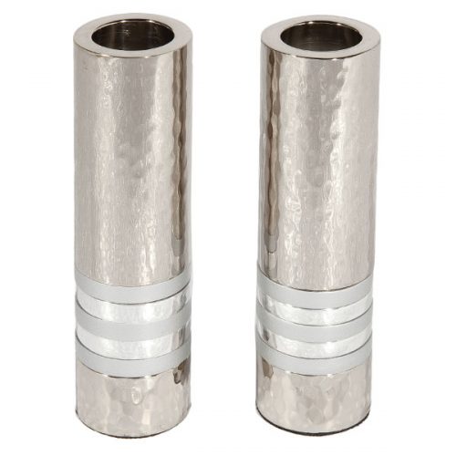 Yair Emanuel: Candlesticks-Cylinder Shape --Hammered Metal with Silver Ring 11cm