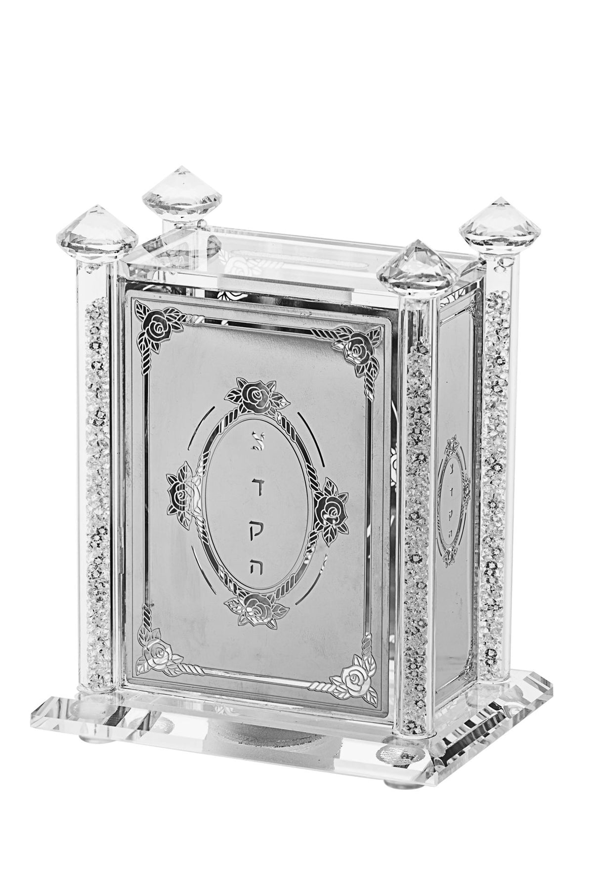 Tzedakah Box- Crystal With Crushed Glass- Flower Motif