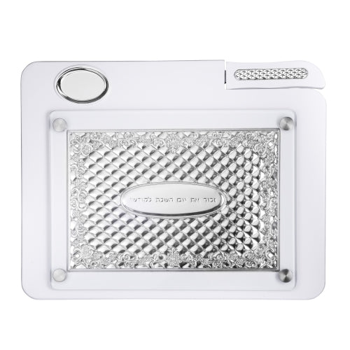 Challah Board and Knife-White Wood With Silver Coloured Metal Shabbat Images