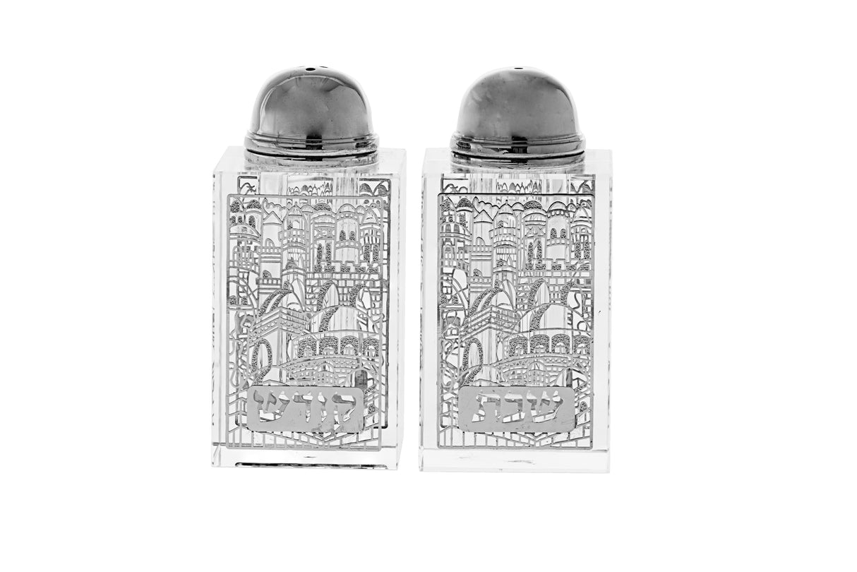 Salt and Pepper Shakers- Crystal-Jerusalem Design-Silver