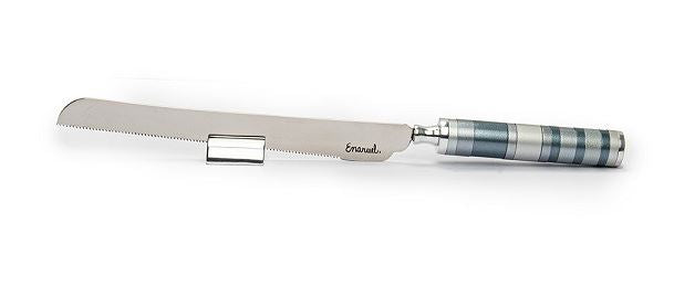 Yair Emanuel: Challah Knife-Grey/Blue/Cream Ringed Nickel Handle