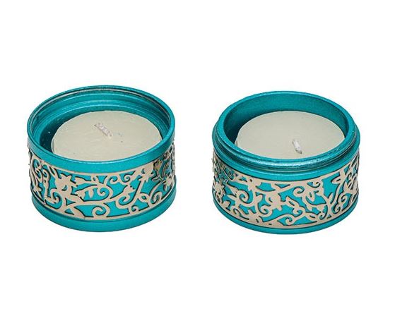 Yair Emanuel: Candlesticks - Travel - Decorated with Pomegranate Cutout - Turquoise