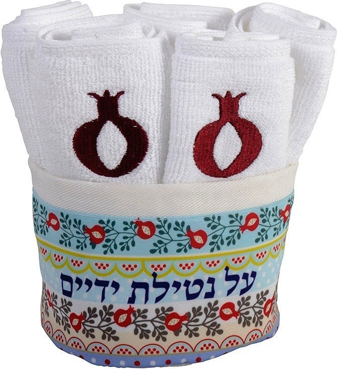 Dorit Judaica:Set of 6 Towels-Pomegranate Design-Turquoise Decoration