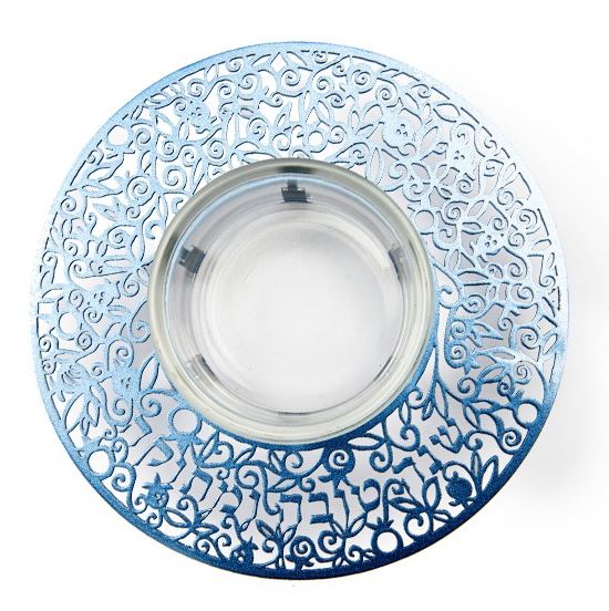 Yair Emanuel:Honey Dish-Glass With Blue Metal Cutout-Shana Tova Umetuka Inscription