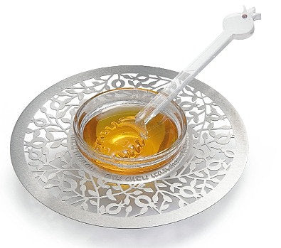 Dorit Judaica:Honey Dish -Stainless Steel & Glass-Small Pomegranate DCesign With New Year Blessings