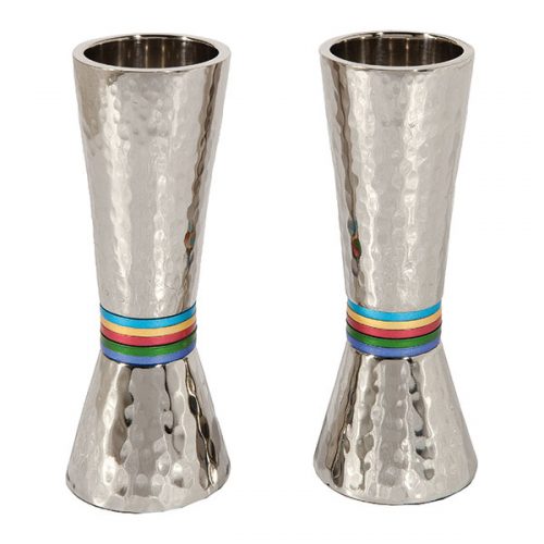 Yair Emanuel: Candlesticks-Hammered Metal with Multicoloured Rings 14cm