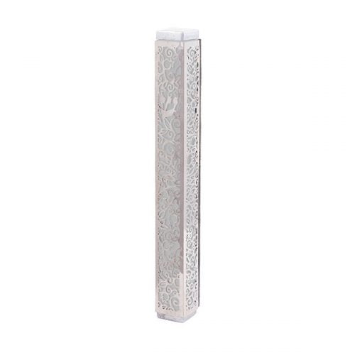 Yair Emanuel:Mezuzah Case -Stainless Steel with White Coloured Metal Cutout Pomegranate Design 15c