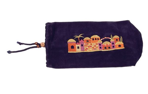 Yair Emanuel:Shofar Bag - Blue Velvet -Jerusalem Motif- Small