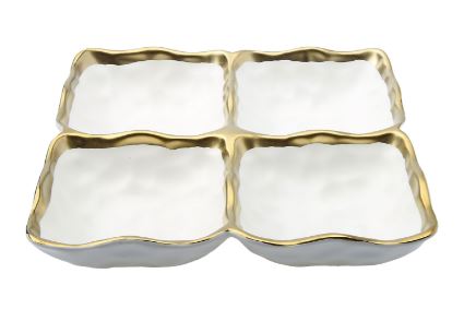Dip Dish - 4 sections-White Porcelain With Gold Rim