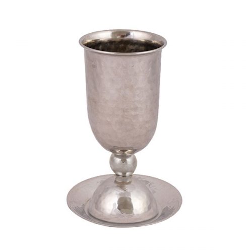Yair Emanuel:Kiddush Cup and Tray-Hammered Stainless Steel with Smooth Ball Stem