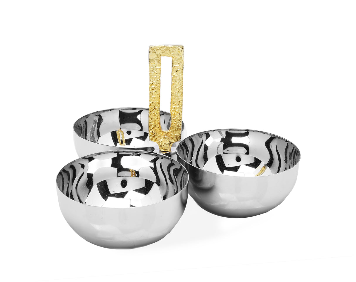 3 Bowl Dip Dish-Stainless Steel with Square Gold Loop Handle
